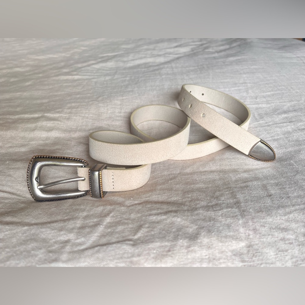 Lucky Brand Women's Western-Inspired Leather Belt, Distressed White Cream/Ivory